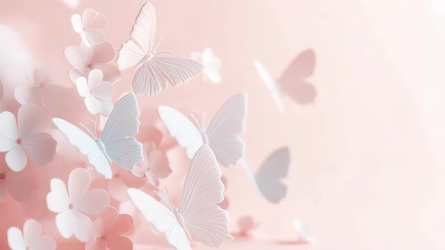 Butterflies of various colors flutter around a background filled with flowers. The light fills the room, creating a lively atmosphere