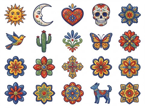  Mexican Folk Art Elements Sticker Collection