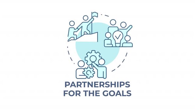 Partnership for the goals blue concept icon animation. Strategic alliances benefits. Team cooperation workflow benefits. Cyan circular animated abstract idea. HD video with alpha channel