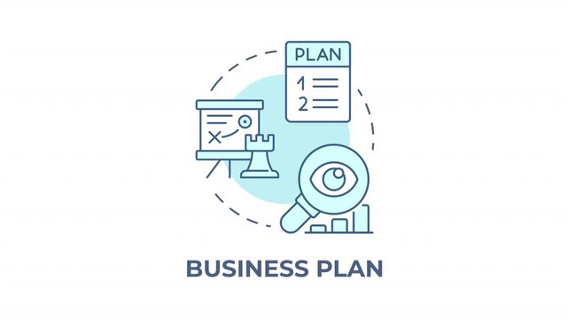 Business plan blue concept icon animation. Corporate visionary milestones planning. Agile growth framework development. Cyan circular animated abstract idea. HD video with alpha channel