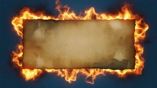 Ancient weathered parchment paper rectangle surrounded by intense dancing flames in this cinematic motion video footage for creative design projects