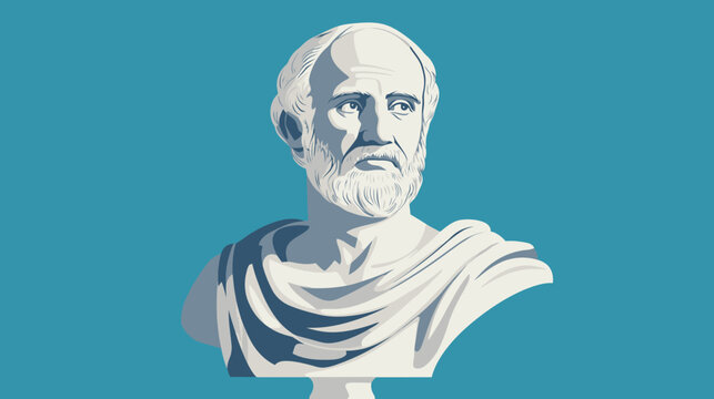 A stylized, waist-up depiction of a random person in ancient cloth, neutral blue backdrop, classical symmetry, detailed facial design, flowing textiles, soft shading, serene expression