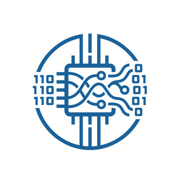A blue digital icon showing a central processor and binary code