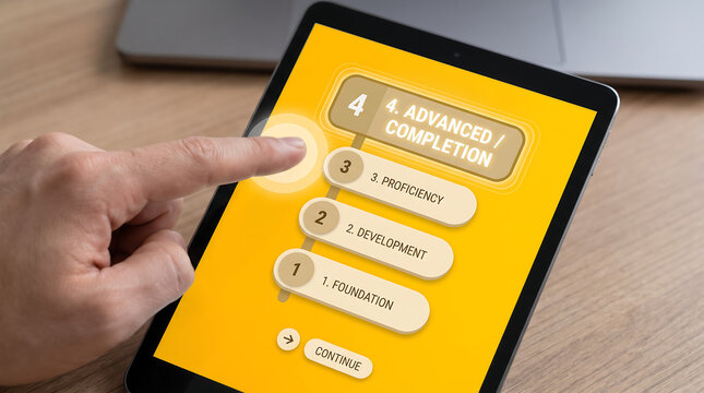 E-learning progress tracker on tablet screen, finger touching digital education app interface, online learning development stages on mobile device