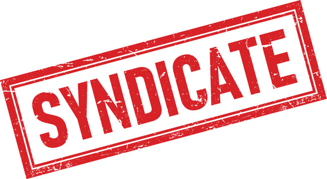 A red grunge rubber stamp impression displaying the word syndicate on a white isolated background
