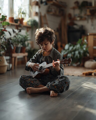 Fototapeta premium Young boy playing ukulele while sitting on wooden floor indoors. Child sitting on floor with ukulele