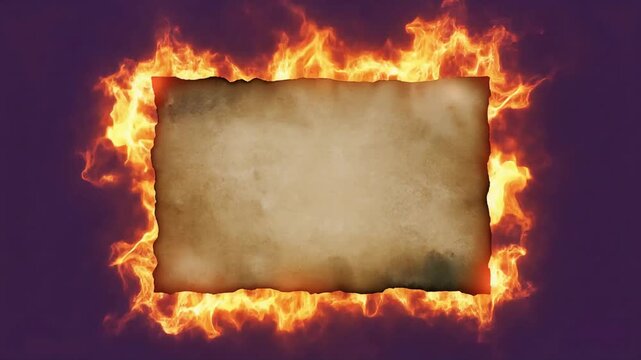 Old parchment paper glowing with intense orange flames surrounding the edges in a dynamic motion video clip for creative backgrounds