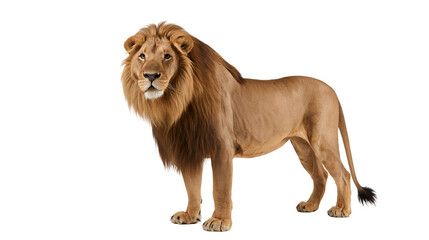 Majestic male lion with full mane standing alert, isolated on transparent background © Marta