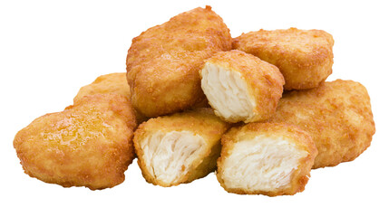 Golden crispy chicken nuggets with fluffy white interior, isolated on transparent background © Marta
