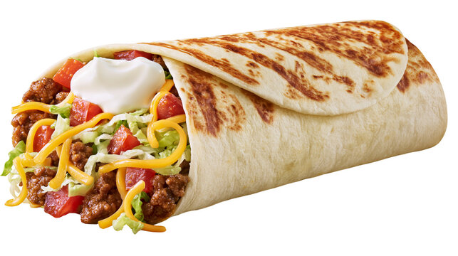 Hearty beef burrito with shredded cheese lettuce tomatoes and sour cream, isolated on transparent background
