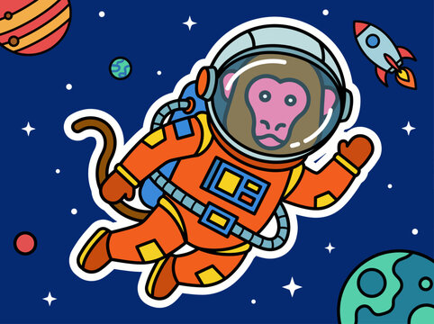A whimsical illustration of a monkey in a space suit joyfully floating in a cosmic environment, merging humor with the adventurous spirit of outer space exploration.