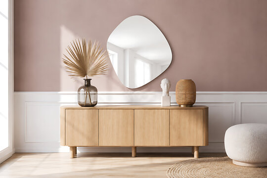 Minimalist wooden sideboard in elegant living room, organic shaped wall mirror above oak credenza, Japandi style interior with dusty rose walls isolated on White Background ai