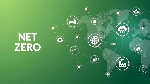 A global network illustration of various icons representing different sectors connected across a world map emphasizing sustainability and net zero goals.