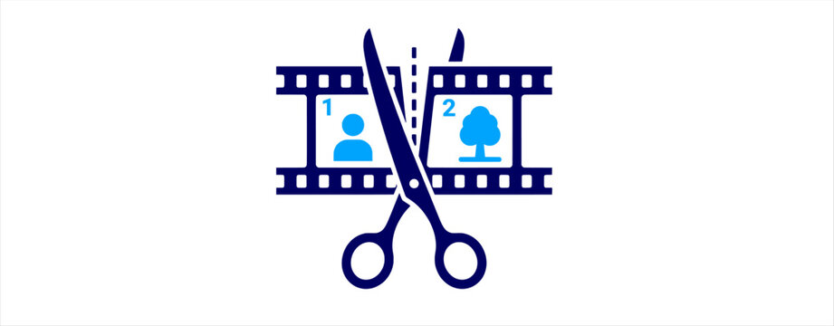 Video editing timeline icon. flat vector, film strip, scissors, cutting, media, editor, frame, sequence, split, clip, person, tree, storyboard, interface, design.