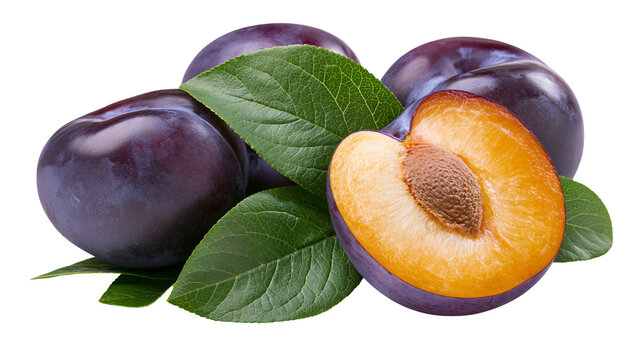 Ripe purple plums with green leaves one halved revealing juicy orange flesh and pit, isolated on transparent background