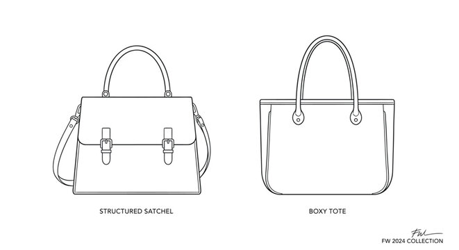 Line art illustration of structured satchel and boxy tote handbags white background