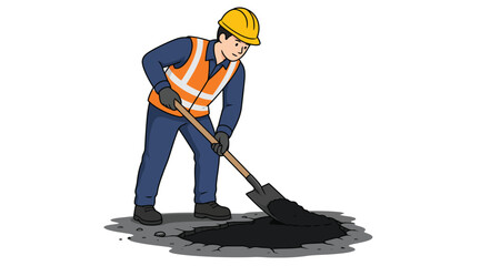 Construction worker filling pothole with shovel © Rina