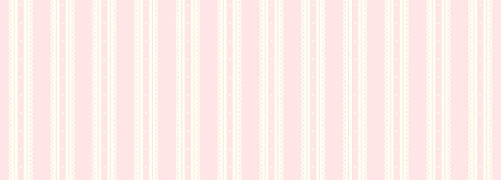 Horizontal seamless pink stripes pattern with lace texture. Romantic repeat texture for baby girl or wedding design. Vintage feminine wallpaper design