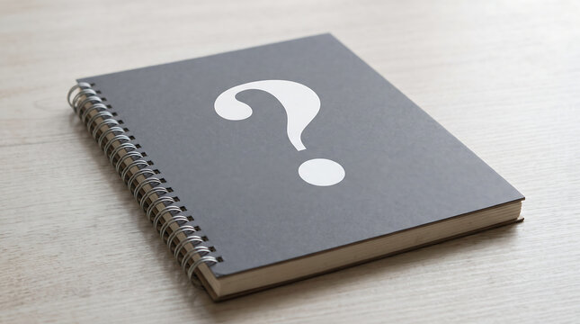 Question mark symbol on black spiral notebook, mystery and curiosity concept, dark journal with white interrogation sign on wooden desk