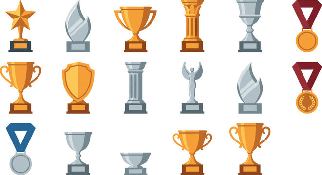 Gold and silver trophy cup collection with winner medals star awards championship shields and flat sports tournament success symbols vector illustration