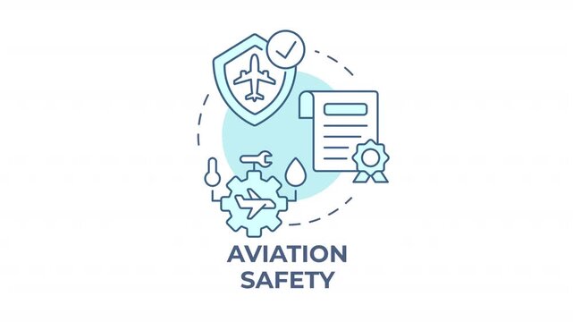 Aviation safety blue concept icon animation. Modern airline safety measures. Aircraft maintenance. Compliance protocols. Cyan circular animated abstract idea. HD video with alpha channel