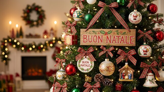 Decorated Christmas tree with Buon Natale sign and ornaments