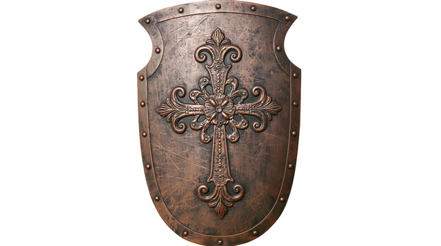 Ornate medieval shield with embossed cross design, isolated on transparent background