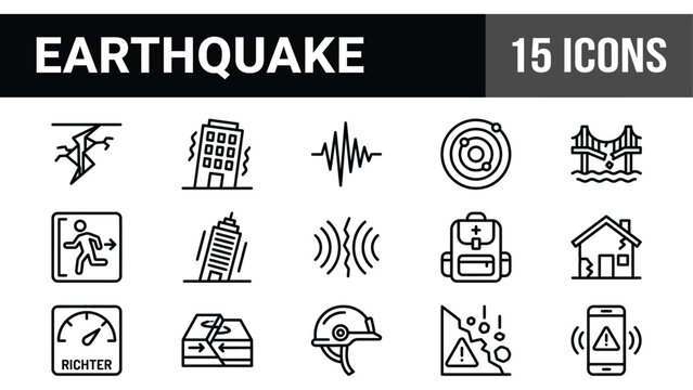 Earthquake disaster line icons, 15 natural catastrophe vector symbols, seismic activity and emergency safety signs