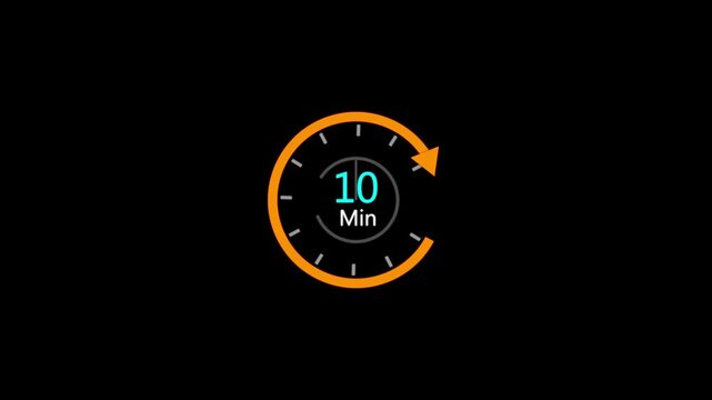 10 Min clock icon animation. 10 minute animation on black background.