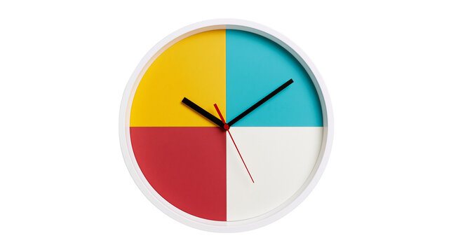 Modern circular wall clock with yellow blue red and white quadrants, isolated on transparent background