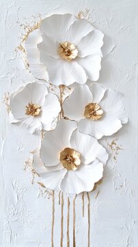 Minimalist white and gold 3D paper relief flowers with gold foil accents on textured plaster background luxury wall art decor