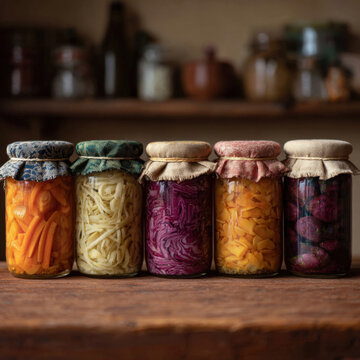 Five colorful pickled vegetable jars with fabric lids arranged on rustic wooden table in warm kitchen for fermented food