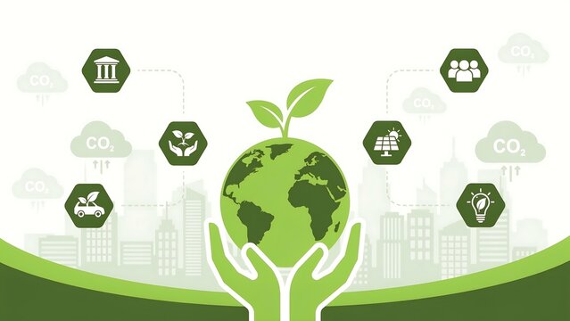 Hands cradling a green globe with leaves and eco-icons floating around it in a cityscape.