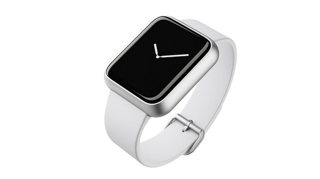 Modern smartwatch with black screen and white strap, isolated on transparent background