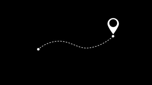 Animated dashed route line leading to map pin location on background.Navigation path with arrow and destination marker.