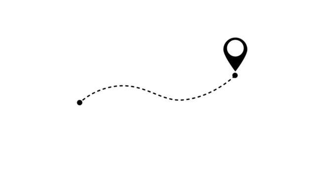 Animated dashed route line leading to map pin location on background.Navigation path with arrow and destination marker.