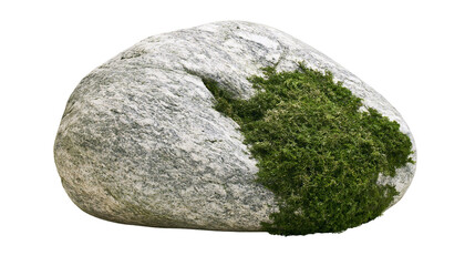 Rough textured grey granite boulder with lush green moss patch, isolated on transparent background © pixogram