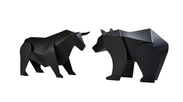 Geometric black bull and bear sculptures facing each other, isolated on transparent background