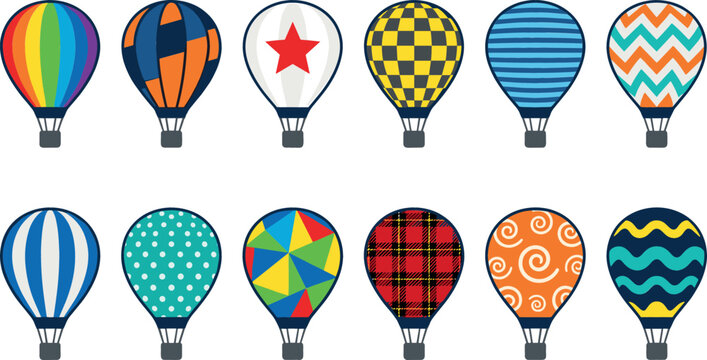 Modern hot air balloon icon set with rainbow stripes geometric chevron plaid checkered polka dot patterns cartoon vector illustration