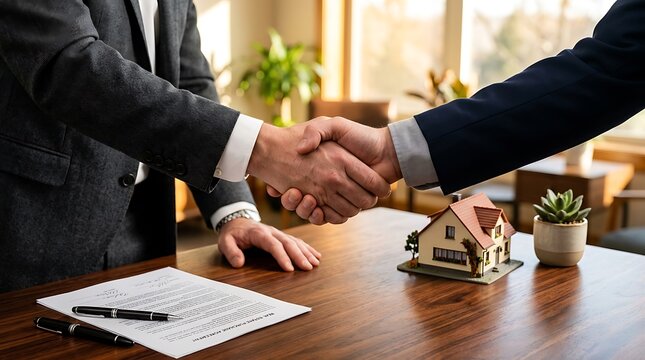 Professional business handshake between two executives over a desk with a model house and contract document representing real estate deal and property investment