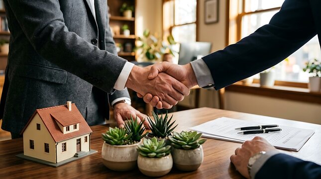 Professional business handshake between two executives over a desk with a model house and contract document representing real estate deal and property investment