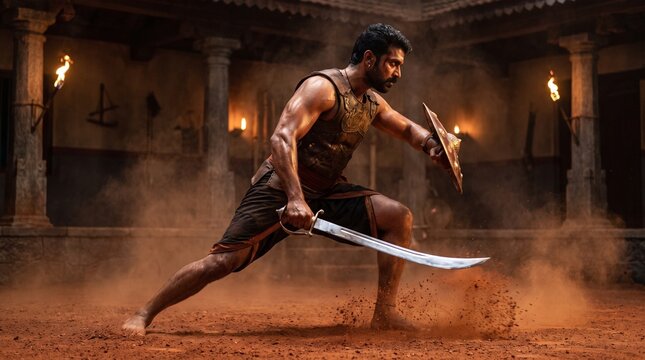 Traditional Kerala warrior practicing with sword and shield