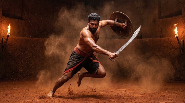 Traditional Kerala warrior practicing with sword and shield
