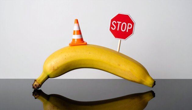 Banana with traffic cone and stop sign surreal scene