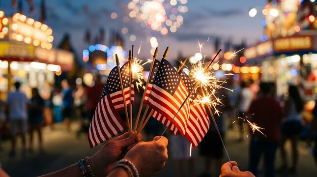 American flags, sparklers, festive fair scene, Independence Day celebration