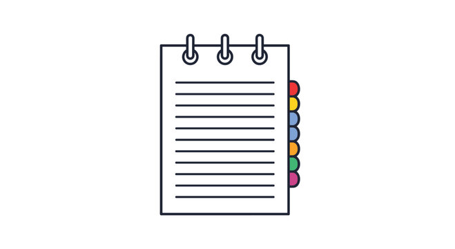 Simple icon of a white spiral notebook with colorful index tabs on the side for organization and school or office supplies concepts.