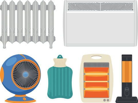 An array of home heating devices including radiators and heaters symbolizes warmth and comfort, essential elements for creating a cozy atmosphere during colder seasons.