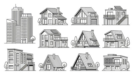 Fototapeta premium Architectural line sketches of various modern houses and skyscrapers.
