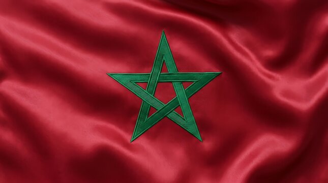 Moroccan Flag Waving on Red Silk Fabric with Green Star Symbol