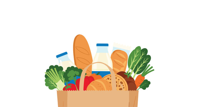 Brown paper grocery bag is filled with fresh vegetables, milk bottles, and artisanal bread for a healthy meal.